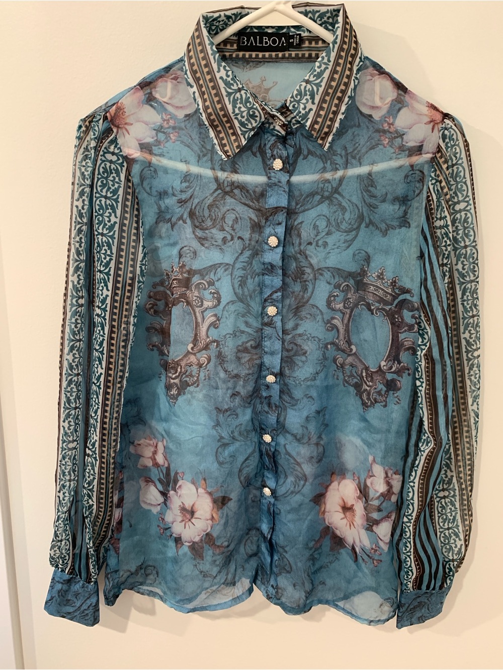Balboa sheer teal patterned button down blouse